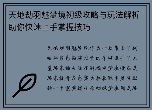 天地劫羽魅梦境初级攻略与玩法解析助你快速上手掌握技巧